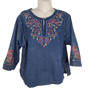 Vintage Two Twenty Top Women's M Denim Paisley Floral Embroidery 90s Y2K Cottage